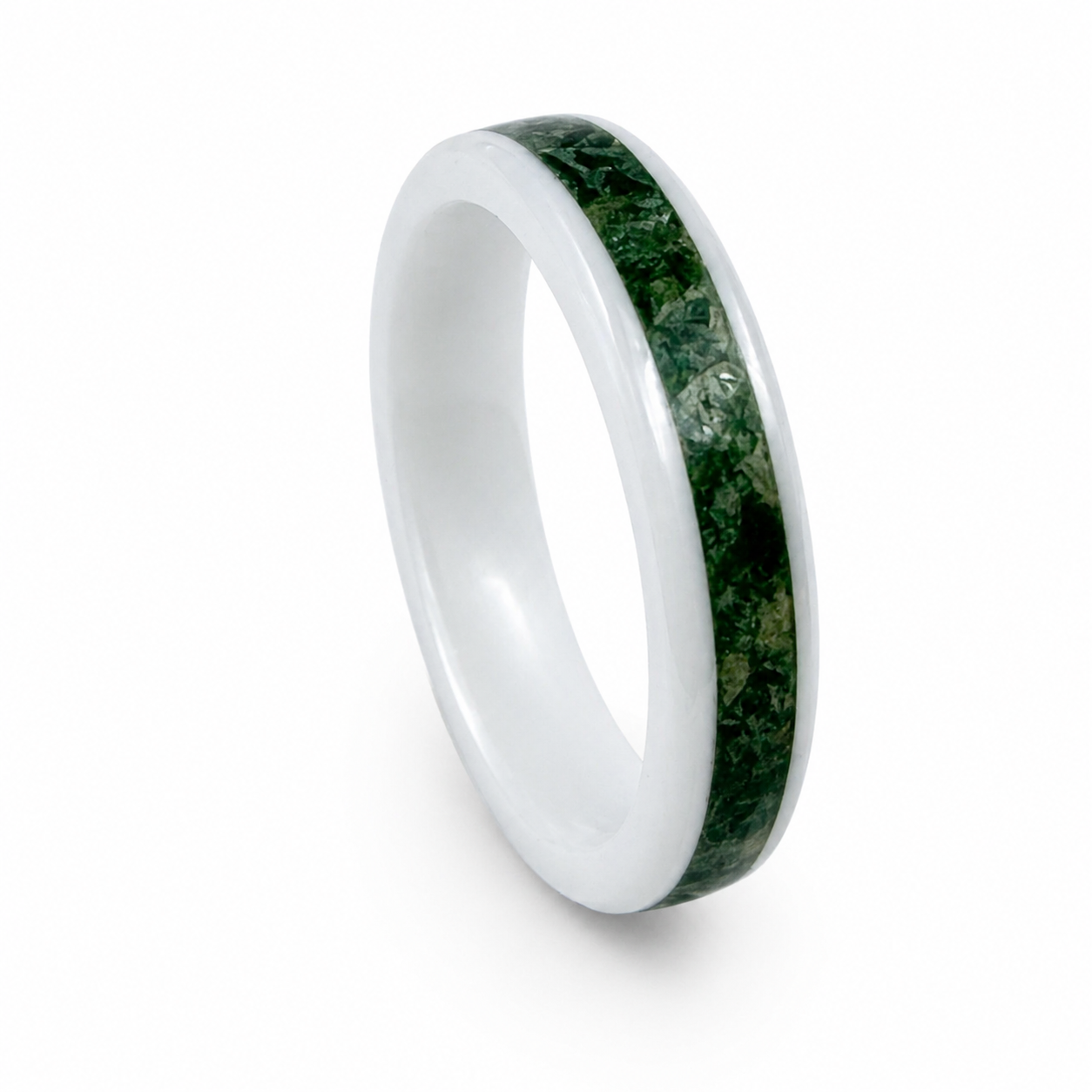 "Fern" — White Ceramic Ring with Dark Green Opal & Olive Chameleon Inlay, 4mm