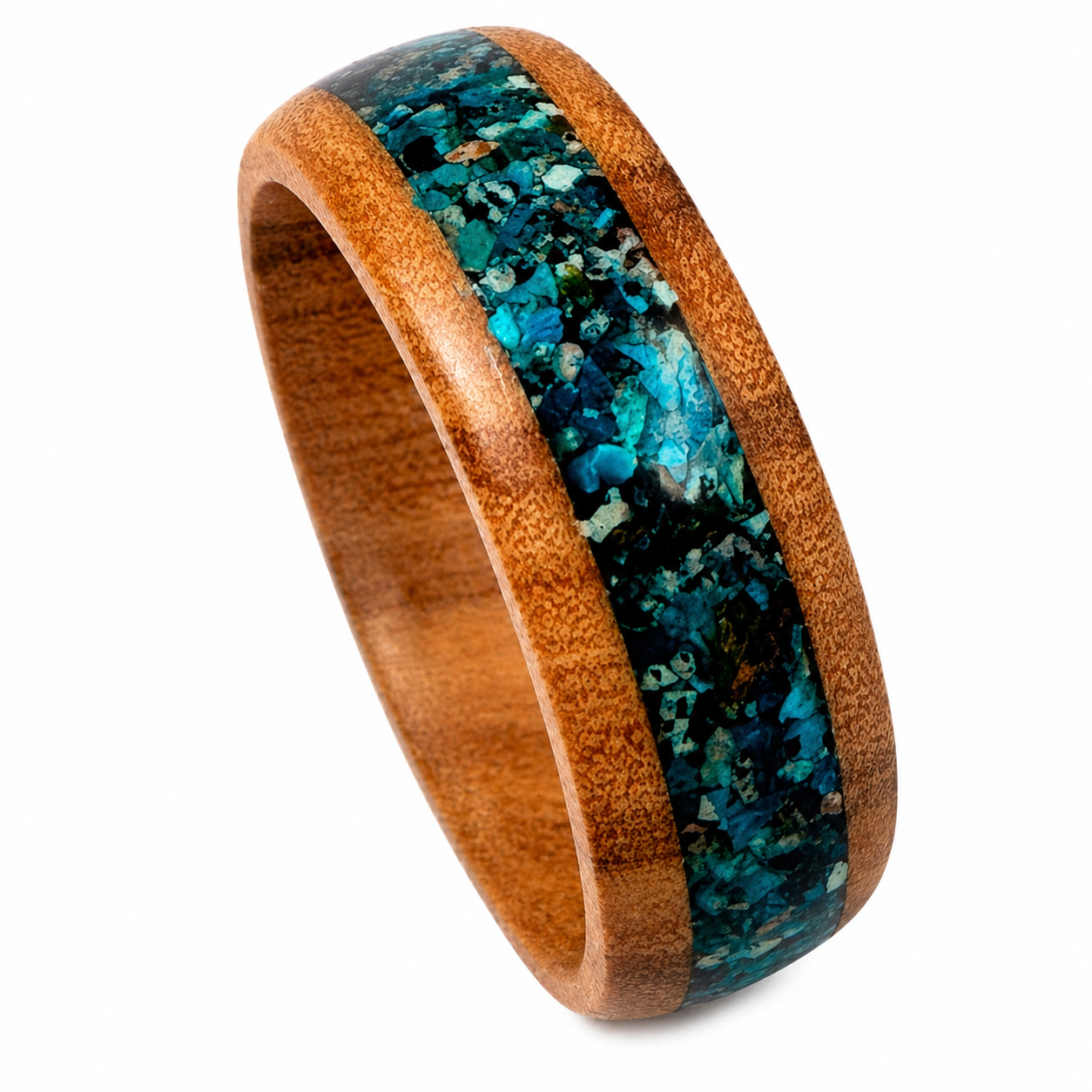 "Sedona" — Olive Wood Ring with Chrysocolla Stone Inlay, 8mm