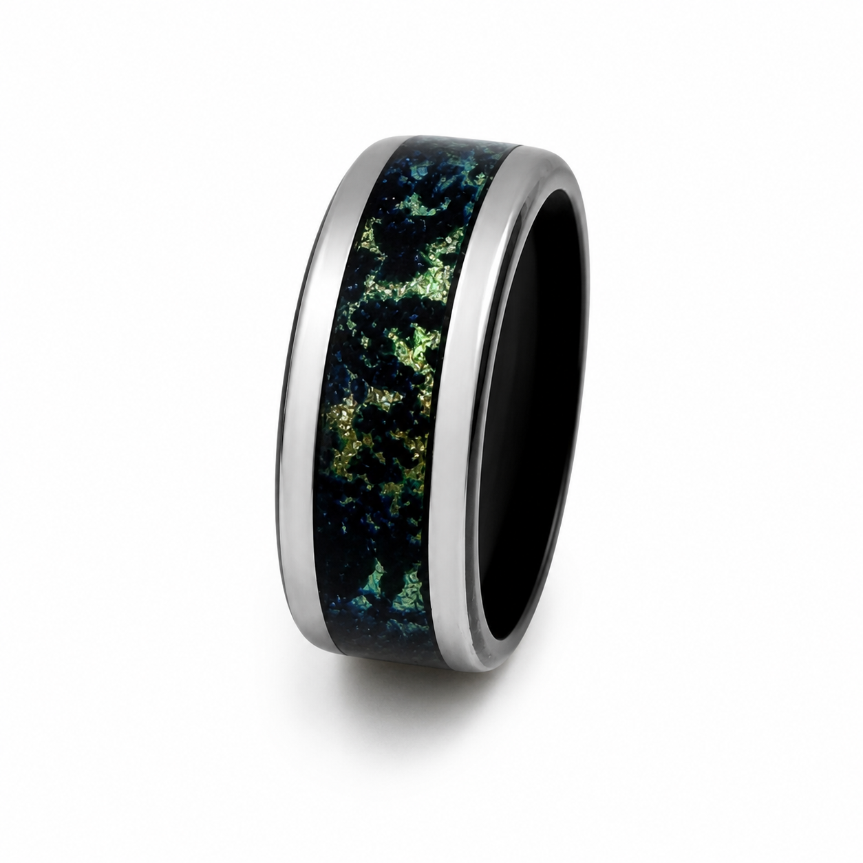 "Nightfall" — Black Metal Ring with Black Opal & Banana Mica Inlay, 8mm