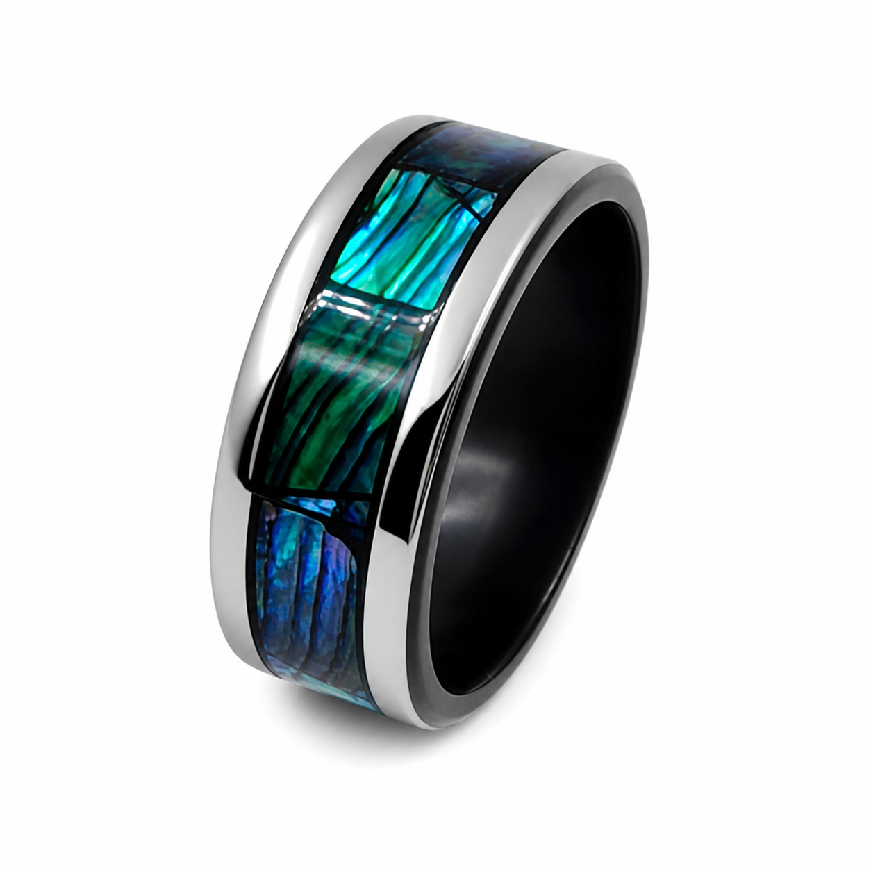 "Kiwi" — Black Stainless Ring with Natural Paua Abalone Inlay, 8mm